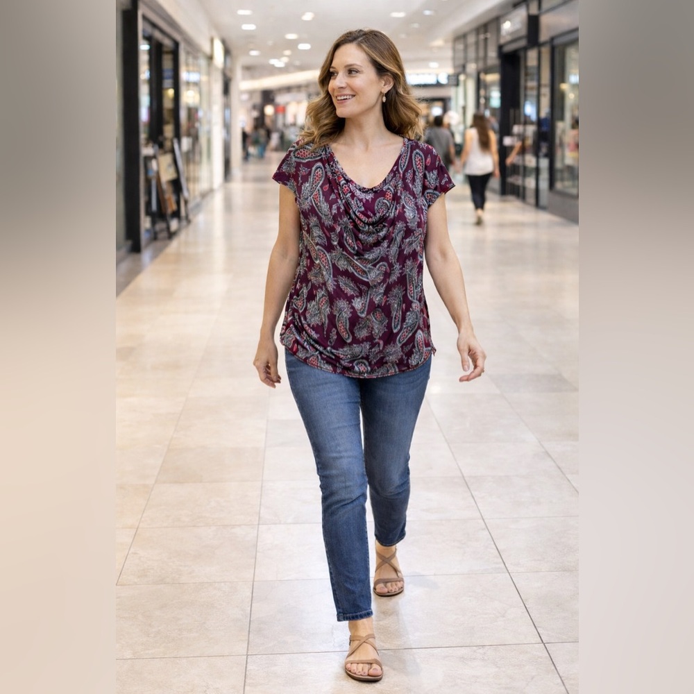 Lane Bryant Maroon Paisley Print Draped Neck Blouse